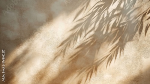 Soft, warm sunlight casting delicate shadows of slender leaves on a textured beige wall, creating a calming and natural atmosphere