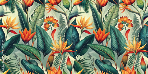 Vibrant tropical floral pattern featuring lush leaves and bright orange and yellow blooms.