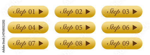 金色の立体ボタンにステップ番号を表示したゴールドUIボタンセット（Step01～09）