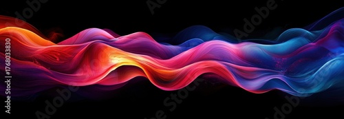 Dynamic flowing wave of vibrant colors including red, orange, pink, purple, and blue on a black background creating a sense of energy and movement