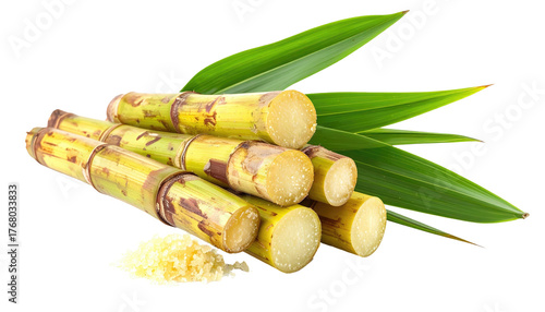Cut sugarcane stalks bundled with vibrant green leaves, beside a small pile of shredded cane