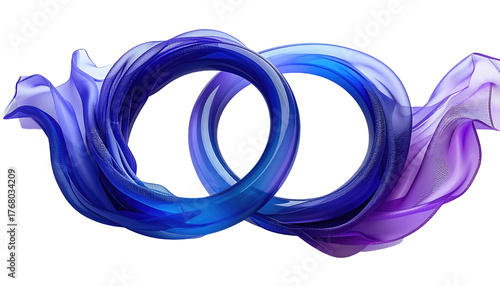 Two intertwined, abstract rings blend blues, purples, and whites with flowing, sheer fabric accents against a black background
