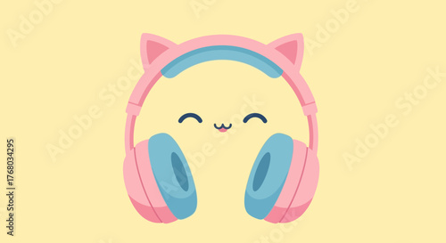 A cute kawaii character smiling while wearing pink cat ear headphones.
