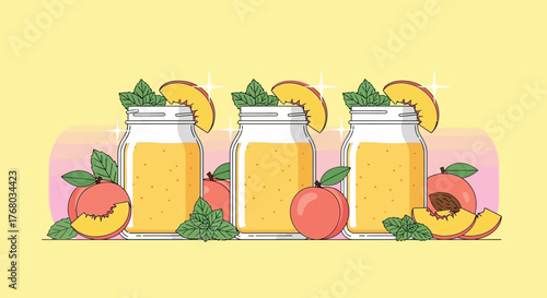 Delicious and refreshing peach smoothie illustration in mason jars, perfect for summer enjoyment