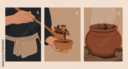 A series of illustrations depicting the preparation of a rustic meal from a clay pot.