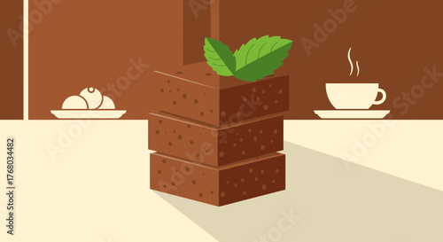 Delightful Illustration Featuring Stacked Brownies, Mint, Coffee, and Cream Filled Pastries
