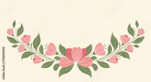 Elegant floral vector design element with pink blossoms and delicate green leaves backdrop