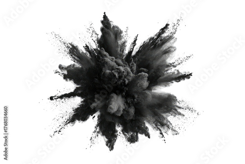 Dramatic dark grey cloud of dust explodes outwards, creating a dynamic, abstract shape on a pure black background