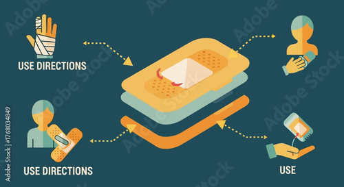 Adhesive bandage illustration showing use directions and application process for wound care.