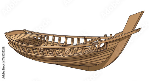 Antique handcrafted wooden boat hull isolated on a white background.