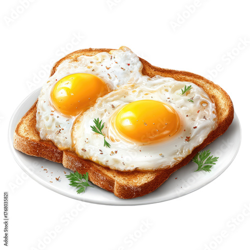 Two fried eggs sit atop toasted bread on a white plate with herbs and seasoning sprinkles atop