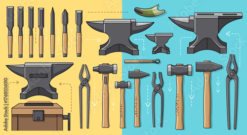 Blacksmith tools collection - anvils, hammers, tongs, chisels, and toolbox.