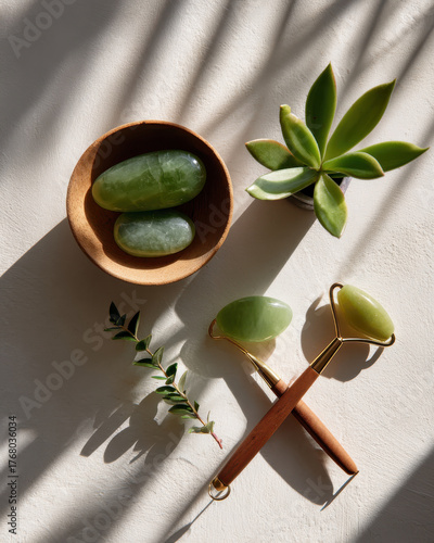 Minimalist skincare flat lay featuring jade rollers, jade stones, and succulent plant, creating serene and calming atmosphere