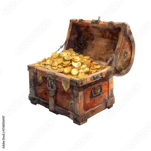 Open treasure chest overflowing with golden coins, rustic, wood grain, shadowed