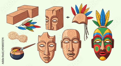 Collection of handcrafted wooden masks and decorative elements.