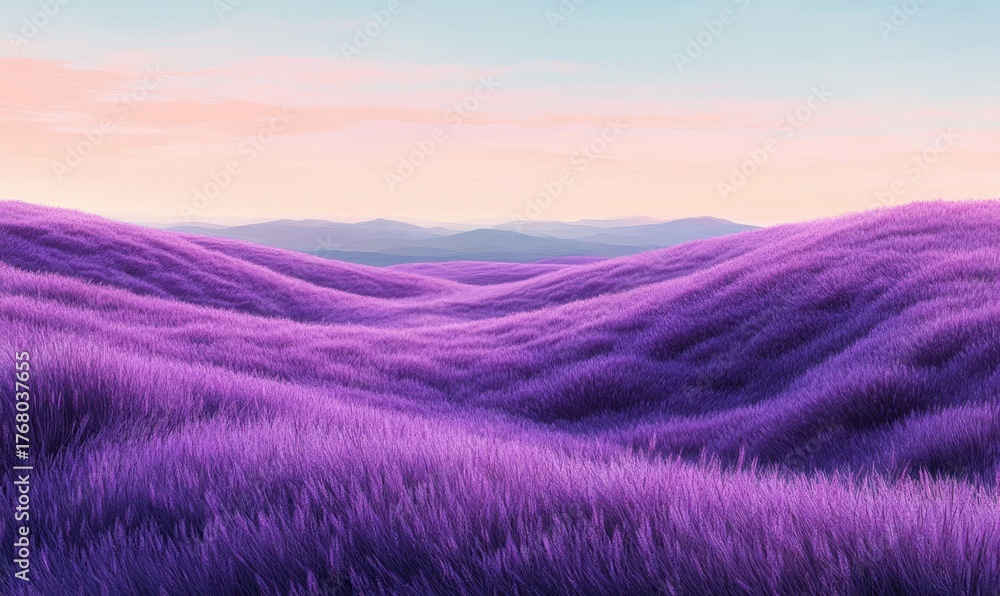 Obraz premium Vast serene hills covered with dense purple grass under a calm pastel sky at sunset