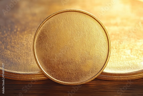 Close-up of shiny gold circular disc with textured surface leaning against stacked rectangular gold sheets on wooden surface