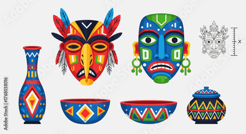 Colorful African tribal masks and pottery art collection on display.