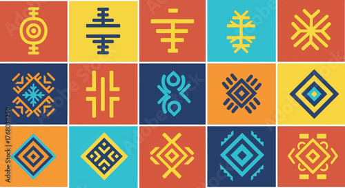 Colorful collection of ethnic tribal symbols and geometric patterns.