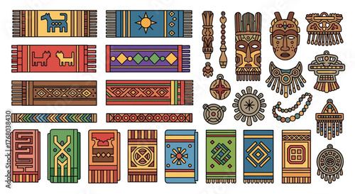 Colorful ethnic textile art collection with various patterns and designs.