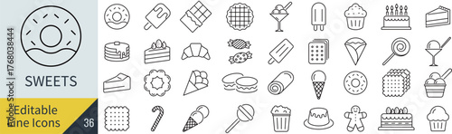 線の編集ができるスイーツに関するアイコンセット（アウトライン化していない）
