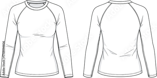 Technical fashion sketch, fitted long sleeve shirt, crew neck, raglan sleeve, front and back view, garment template, apparel design, illustration
