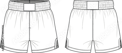 Boxing shorts template, athletic sportswear design, vector fashion illustration, gym training shorts, unisex fight wear apparel, elastic waistband mockup drawing