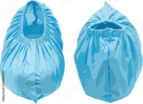 Blue shoe covers, disposable footwear protection, medical boot covers, waterproof fabric overshoes, hygiene safety gear, hospital cleaning equipment, protective apparel illustration