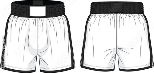 Boxing shorts vector illustration, technical flat sketch, white apparel mockup, front and back view, isolated sportswear template, blank label.