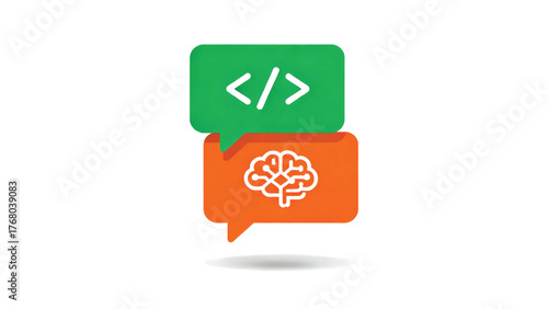 Vector illustration of talk bubbles with brain and code. Symbol of LLM Large Language Model AI Technology