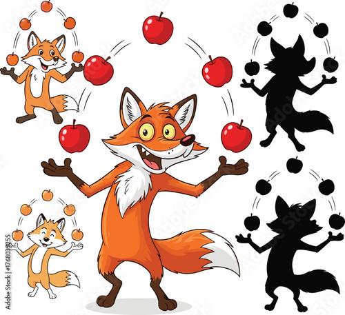 Cartoon Fox Juggling Red Apples Vector Illustration Set