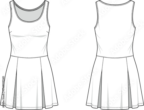 Fashion dress template, sleeveless skater dress, women’s summer outfit design, flat sketch clothing, apparel vector illustration, stylish dress pattern, fashion design mockup