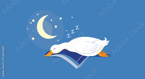 A peaceful white duck is sound asleep on a soft blue pillow under a tranquil night sky with a crescent moon and twinkling stars.