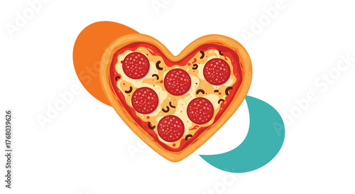 An appetizing heart-shaped pepperoni pizza with black olives, highlighted by abstract orange and teal shapes on a clean white background.