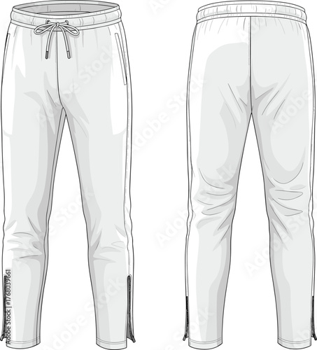 Jogger pants technical sketch, front and back view, zipper pockets, drawstring waist, fashion flat, garment blueprint, apparel design template