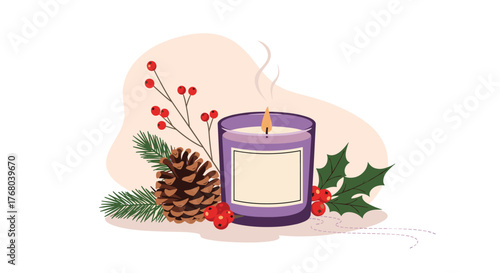 Festive purple scented candle glowing warmly, surrounded by pine needles, a pinecone, and bright red holly berries, evoking cozy winter comfort.