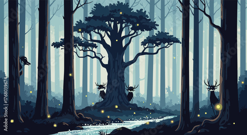 Enchanting pixel art forest at twilight with mysterious deer-like creatures, glowing fireflies, and a tranquil stream.