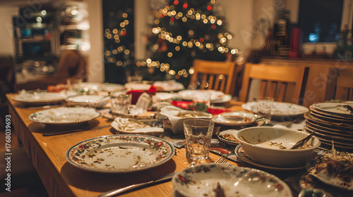una mesa de comedor con platos sucios despues de la cena de navidad con el arbol navideño al fondo celebraciones navideñas y convencia en familia
