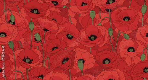 An illustrative seamless pattern of blooming red poppies and mature green poppy seed pods on a dark red background.