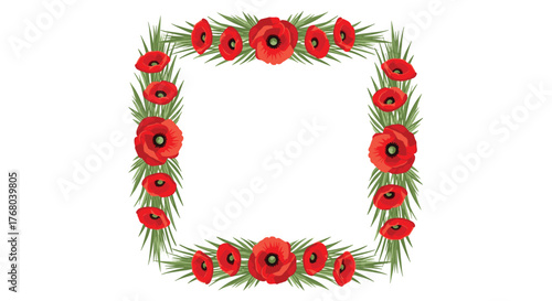 Red poppy flowers and green grass blades form a beautiful square frame on a white background, perfect for a natural border.