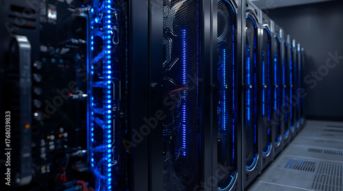 A rack of GPU servers, highlighting the specialized hardware for intensive AI computations.
