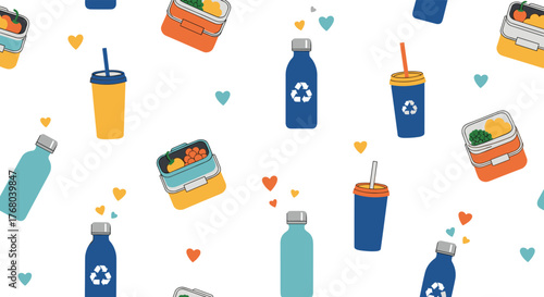A vibrant seamless pattern of reusable water bottles, tumblers, and lunchboxes, symbolizing eco-friendly choices and sustainable living.