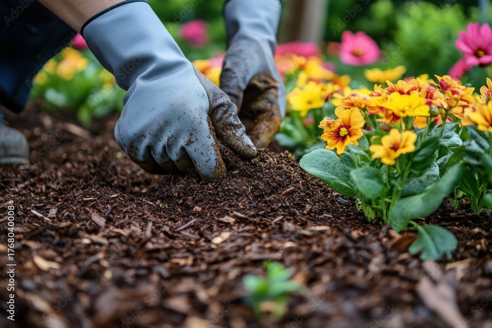 Fototapeta premium Close-up of hands wearing blue gloves planting or tending to soil among vibrant yellow and pink flowers in a garden bed