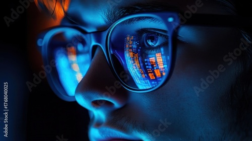 Close-up of a person wearing glasses reflecting colorful digital data and charts, conveying focus and concentration in a low-light environment