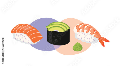 A vibrant illustration of popular sushi types, featuring salmon nigiri, avocado maki roll, and shrimp nigiri with wasabi, on an abstract background.