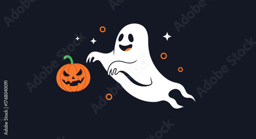 A friendly cartoon ghost floats next to a carved jack-o'-lantern in a dark, starry night sky, capturing the joyful spirit of Halloween.