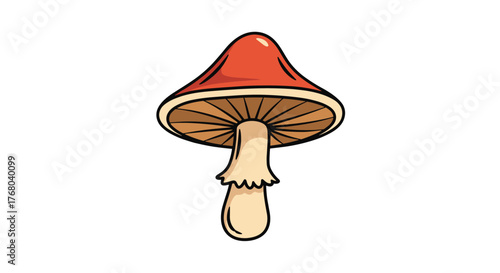 A brightly colored cartoon mushroom with a red cap and cream stem, depicted in a simple, whimsical style on a clean white background.