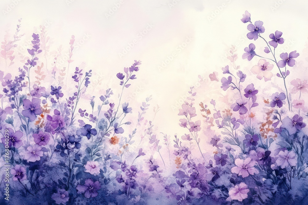 Obraz premium Watercolor painting of delicate purple and lavender flowers with soft greenery on a light pastel background evoking calm and serenity