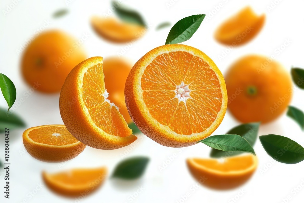 Fototapeta premium Fresh vibrant oranges with green leaves suspended in midair against a clean white background, showcasing whole and sliced citrus fruits radiating freshness and vitality
