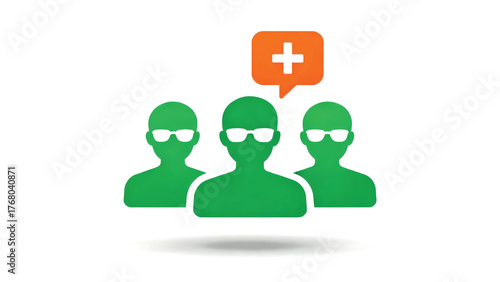 Vector of patients group and speech bubble with medical cross. Symbol of public health
